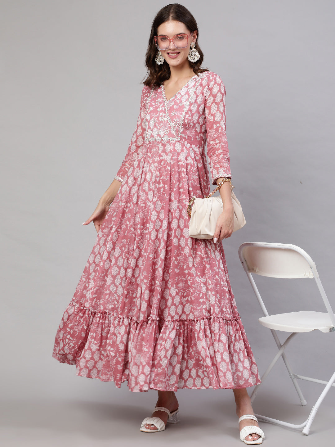 Cotton Ankle Length Flared 3/4 Sleeves Printed &amp; Embroidery  Round Neck Kurta