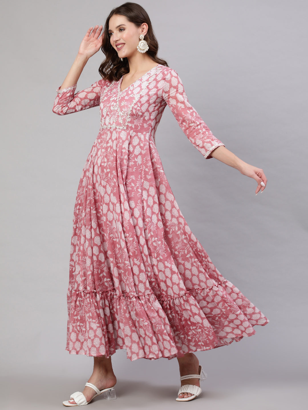 Cotton Ankle Length Flared 3/4 Sleeves Printed &amp; Embroidery  Round Neck Kurta