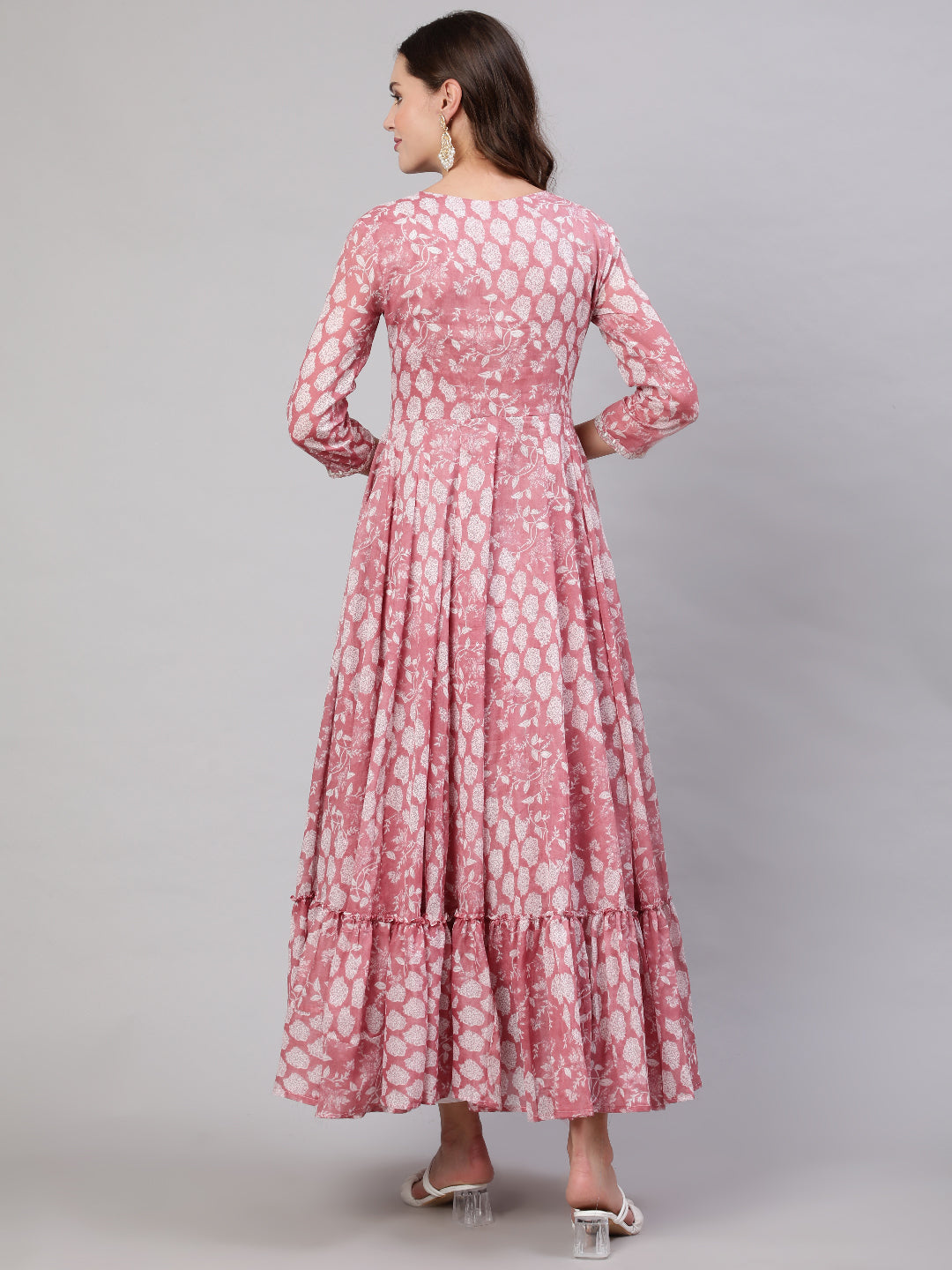 Cotton Ankle Length Flared 3/4 Sleeves Printed &amp; Embroidery  Round Neck Kurta