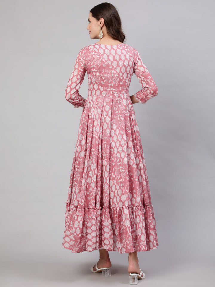 Cotton Ankle Length Flared 3/4 Sleeves Printed &amp; Embroidery  Round Neck Kurta