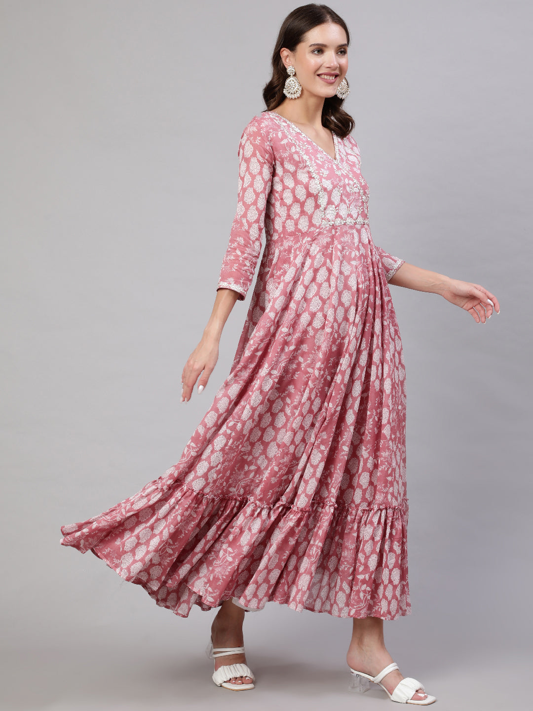 Cotton Ankle Length Flared 3/4 Sleeves Printed &amp; Embroidery  Round Neck Kurta