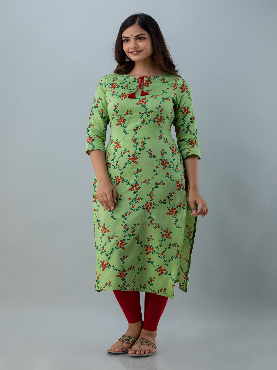 Floral Print Straight Kurta (Green)