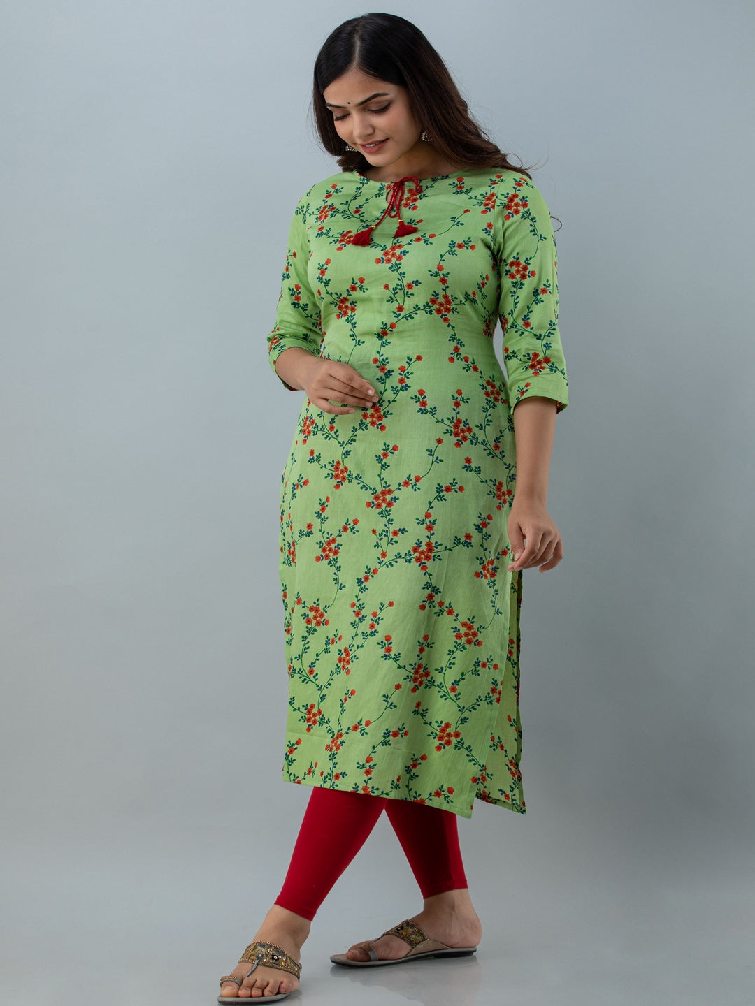 Floral Print Straight Kurta (Green)