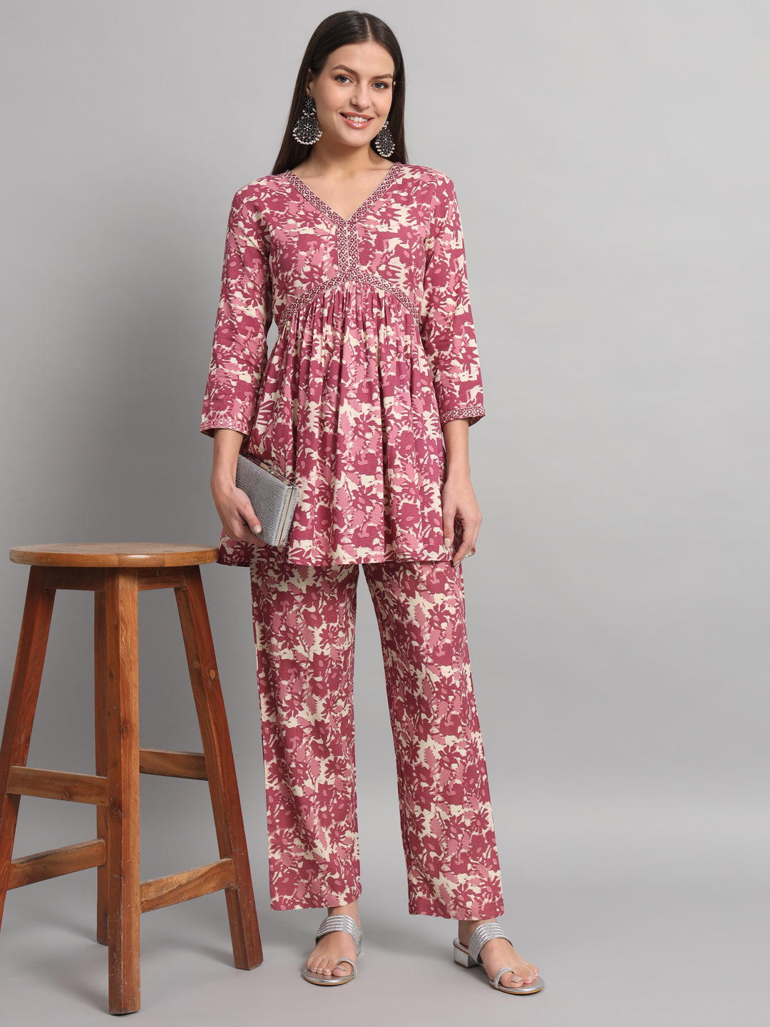 Rayon Embroiderd Flared Straight Fit Cord Set With Trouser