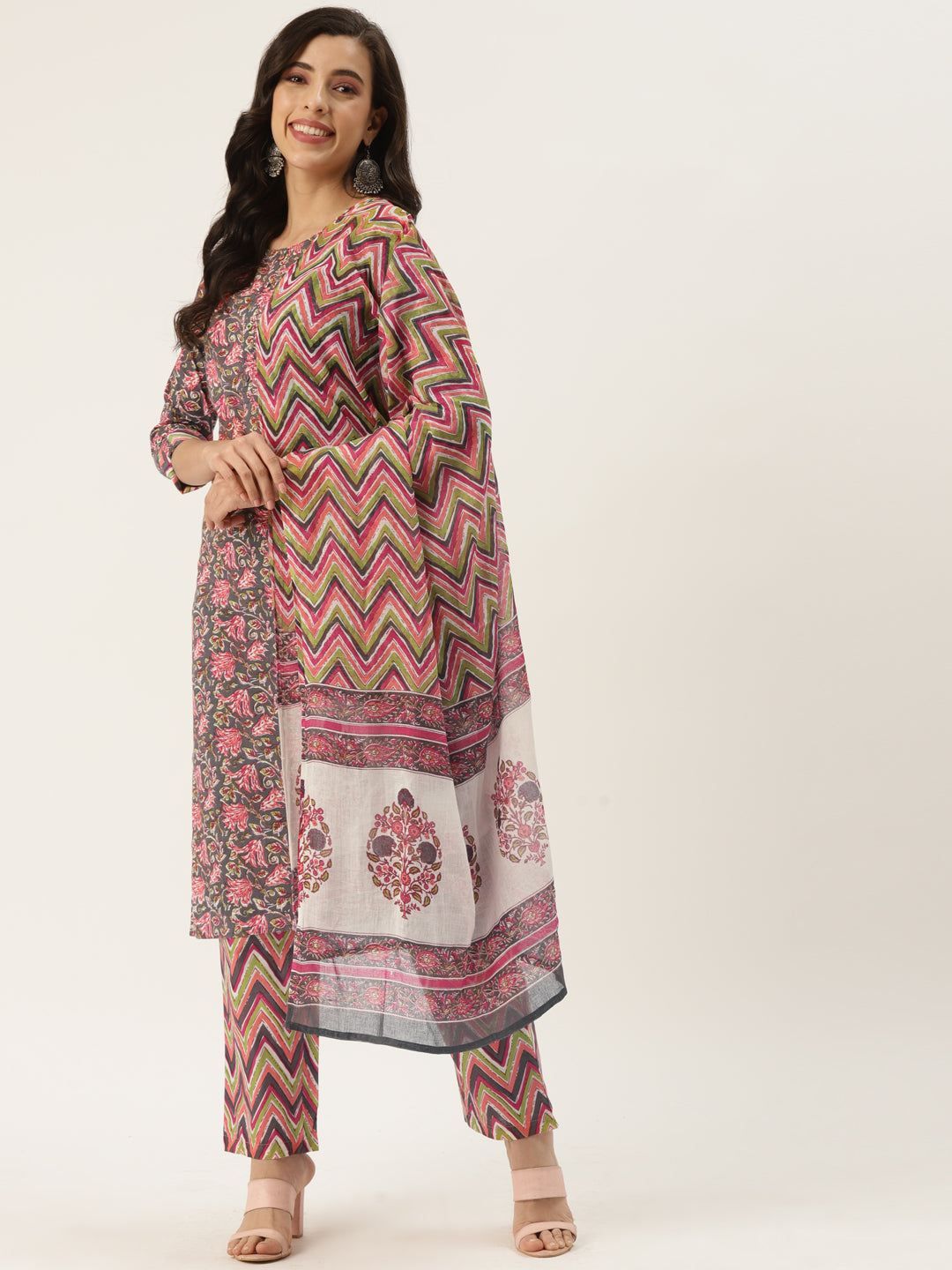 Grey Cotton Printed Kurta Palazzo & Dupatta Set