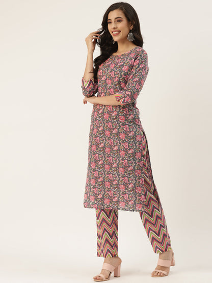Grey Cotton Printed Kurta Palazzo & Dupatta Set