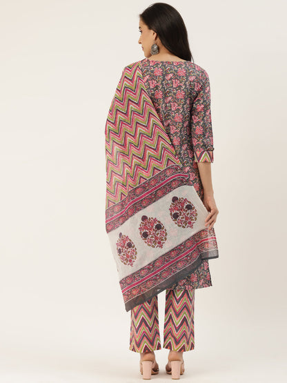 Grey Cotton Printed Kurta Palazzo & Dupatta Set