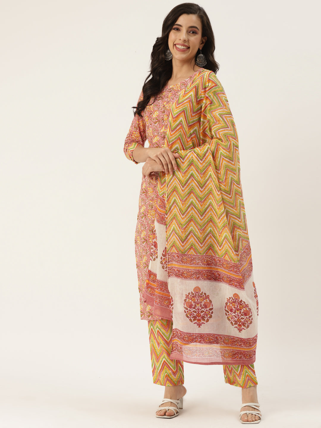Pink Cotton Printed Kurta Palazzo & Dupatta Set