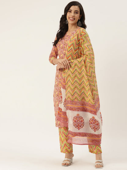 Pink Cotton Printed Kurta Palazzo & Dupatta Set