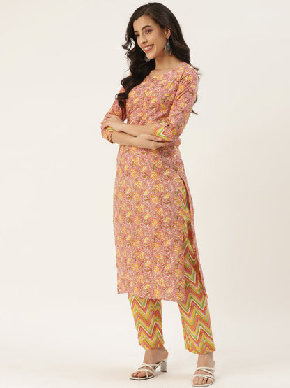 Pink Cotton Printed Kurta Palazzo & Dupatta Set