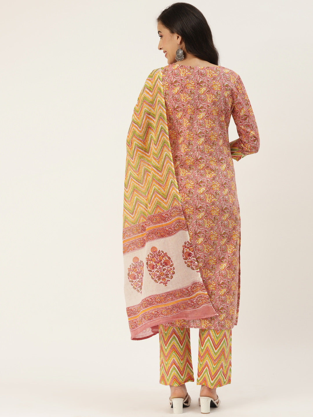 Pink Cotton Printed Kurta Palazzo & Dupatta Set