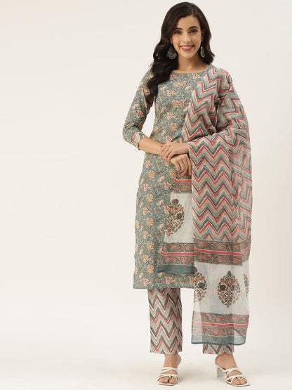 Multicolor Cotton Printed Kurta Palazzo & Dupatta Set