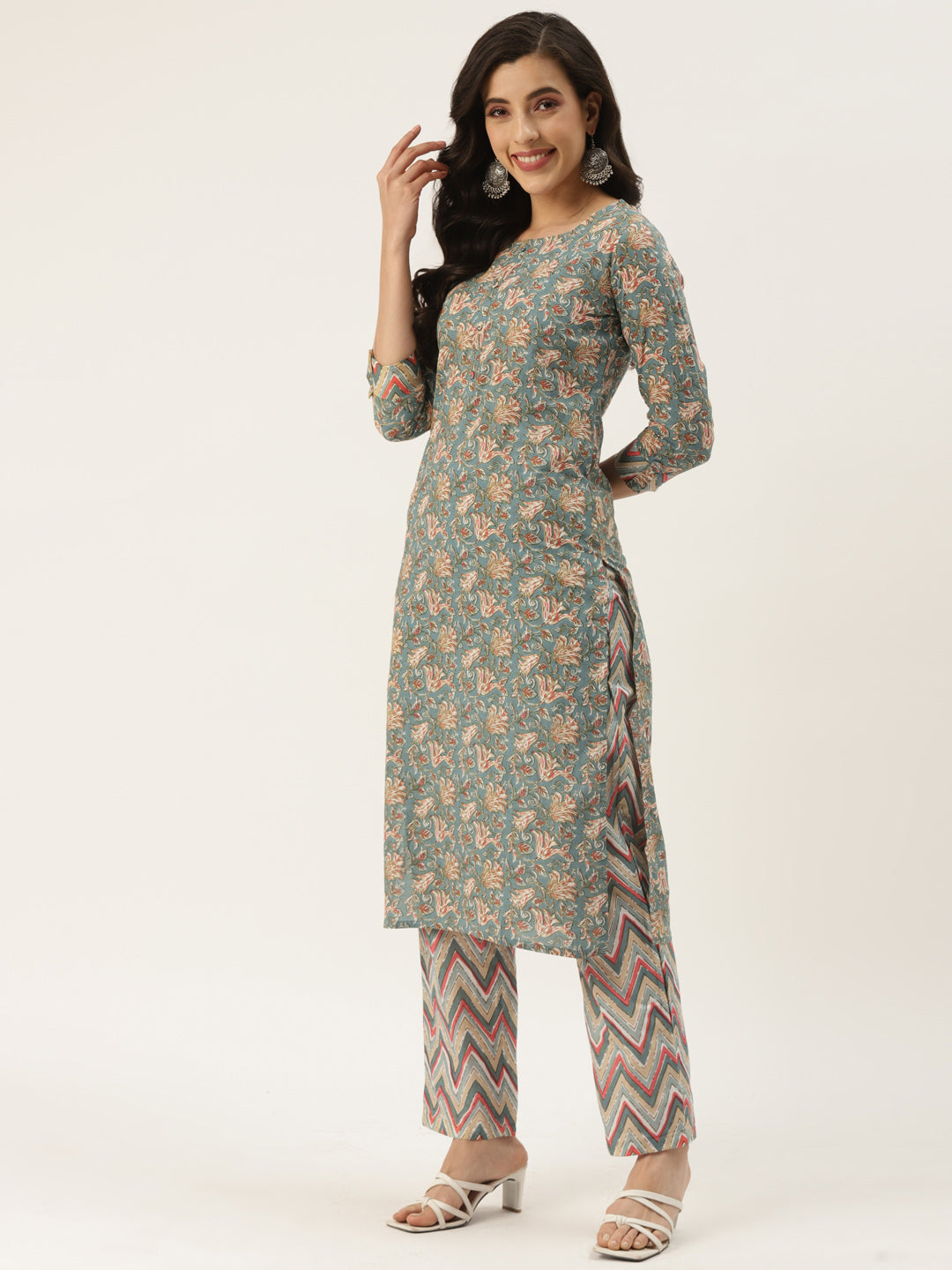 Multicolor Cotton Printed Kurta Palazzo & Dupatta Set