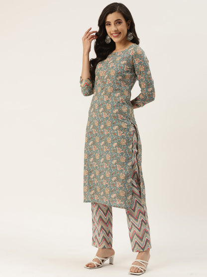 Multicolor Cotton Printed Kurta Palazzo & Dupatta Set