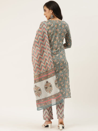 Multicolor Cotton Printed Kurta Palazzo & Dupatta Set