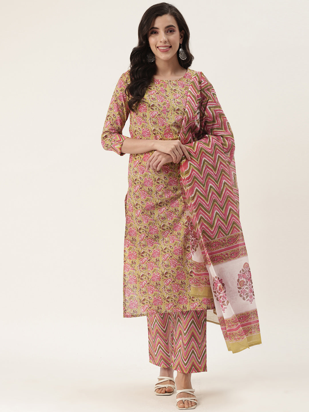 Yellow Cotton Printed Kurta Palazzo & Dupatta Set