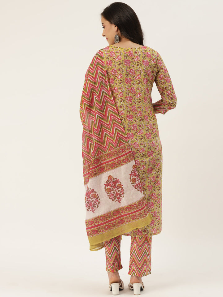 Yellow Cotton Printed Kurta Palazzo &amp; Dupatta Set