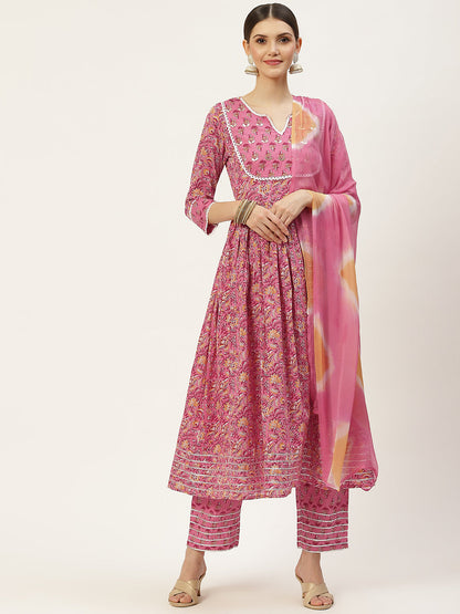Printed Anarkali Cotton Kurta And Chiffon Dupatta Set (Pink)