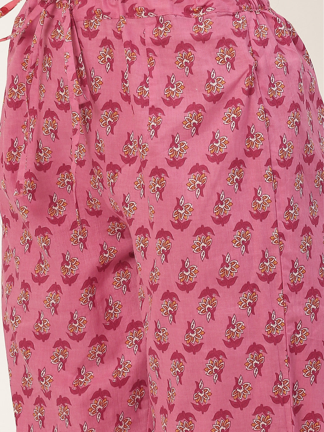 Printed Anarkali Cotton Kurta And Chiffon Dupatta Set (Pink)