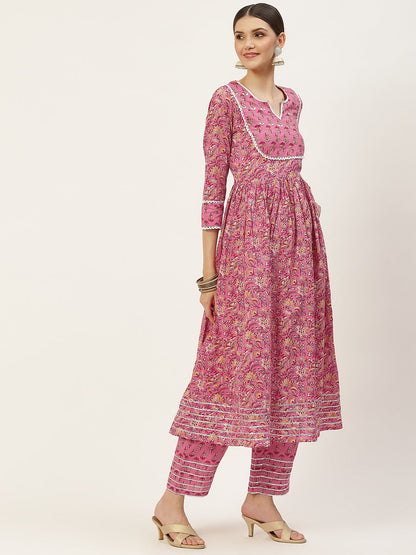 Printed Anarkali Cotton Kurta And Chiffon Dupatta Set (Pink)