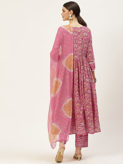 Printed Anarkali Cotton Kurta And Chiffon Dupatta Set (Pink)