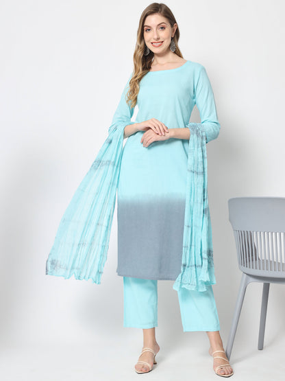 Cotton Tie And Dye Flared Kurta Palazzo Dupatta Set (Sea Green)