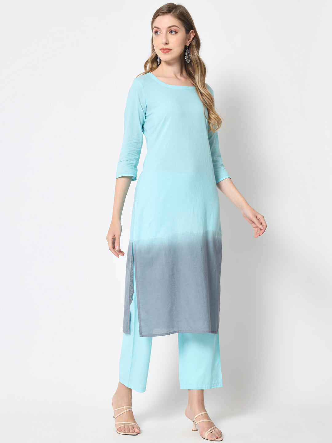 Cotton Tie And Dye Flared Kurta Palazzo Dupatta Set (Sea Green)