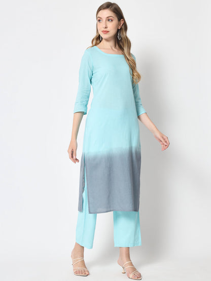 Cotton Tie And Dye Flared Kurta Palazzo Dupatta Set (Sea Green)