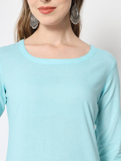 Cotton Tie And Dye Flared Kurta Palazzo Dupatta Set (Sea Green)