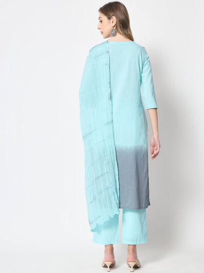 Cotton Tie And Dye Flared Kurta Palazzo Dupatta Set (Sea Green)