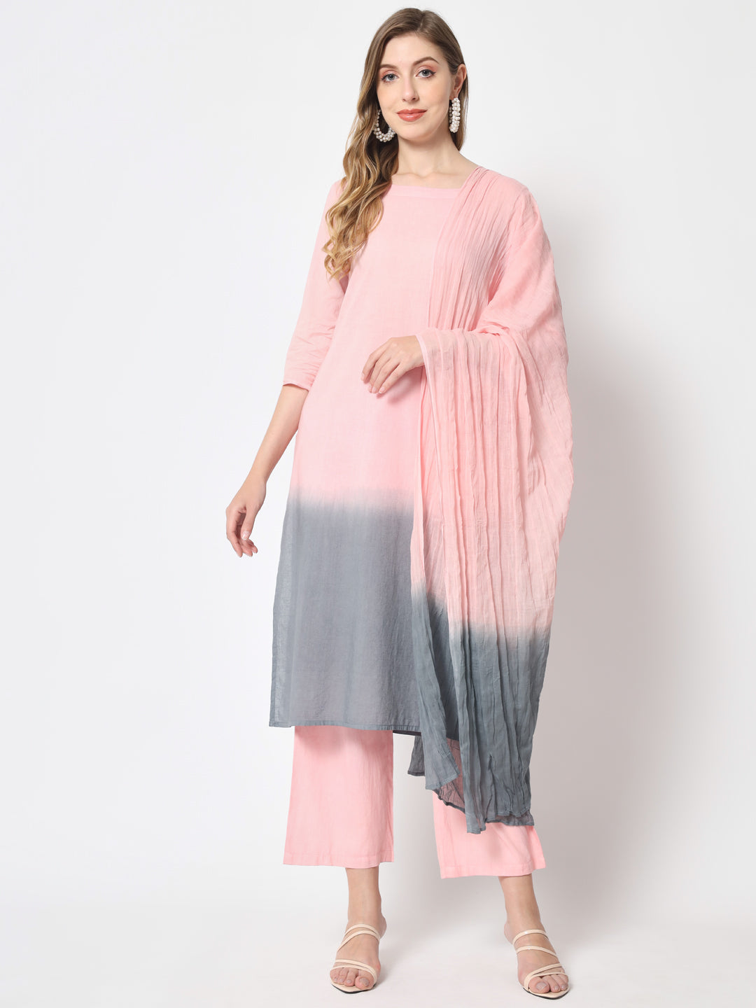 Cotton Tie And Dye Flared Kurta Palazzo Dupatta Set (Light Pink)
