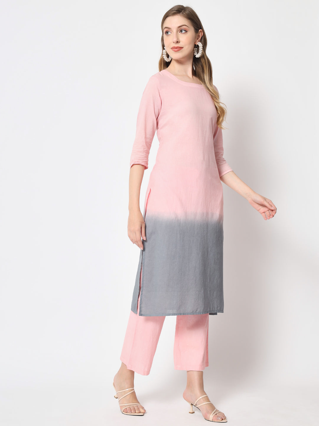 Cotton Tie And Dye Flared Kurta Palazzo Dupatta Set (Light Pink)