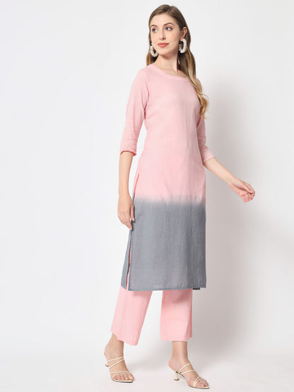 Cotton Tie And Dye Flared Kurta Palazzo Dupatta Set (Light Pink)