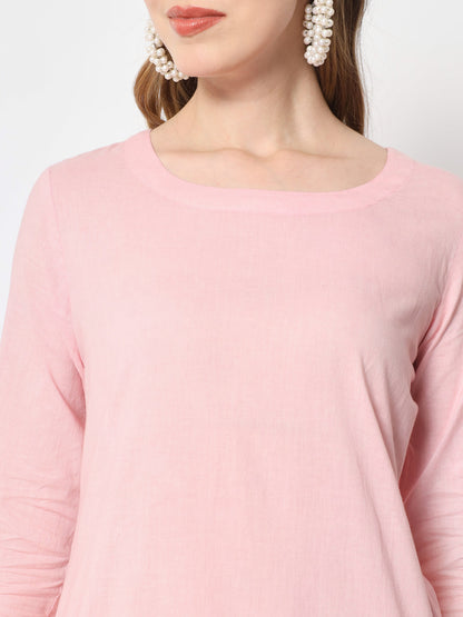 Cotton Tie And Dye Flared Kurta Palazzo Dupatta Set (Light Pink)