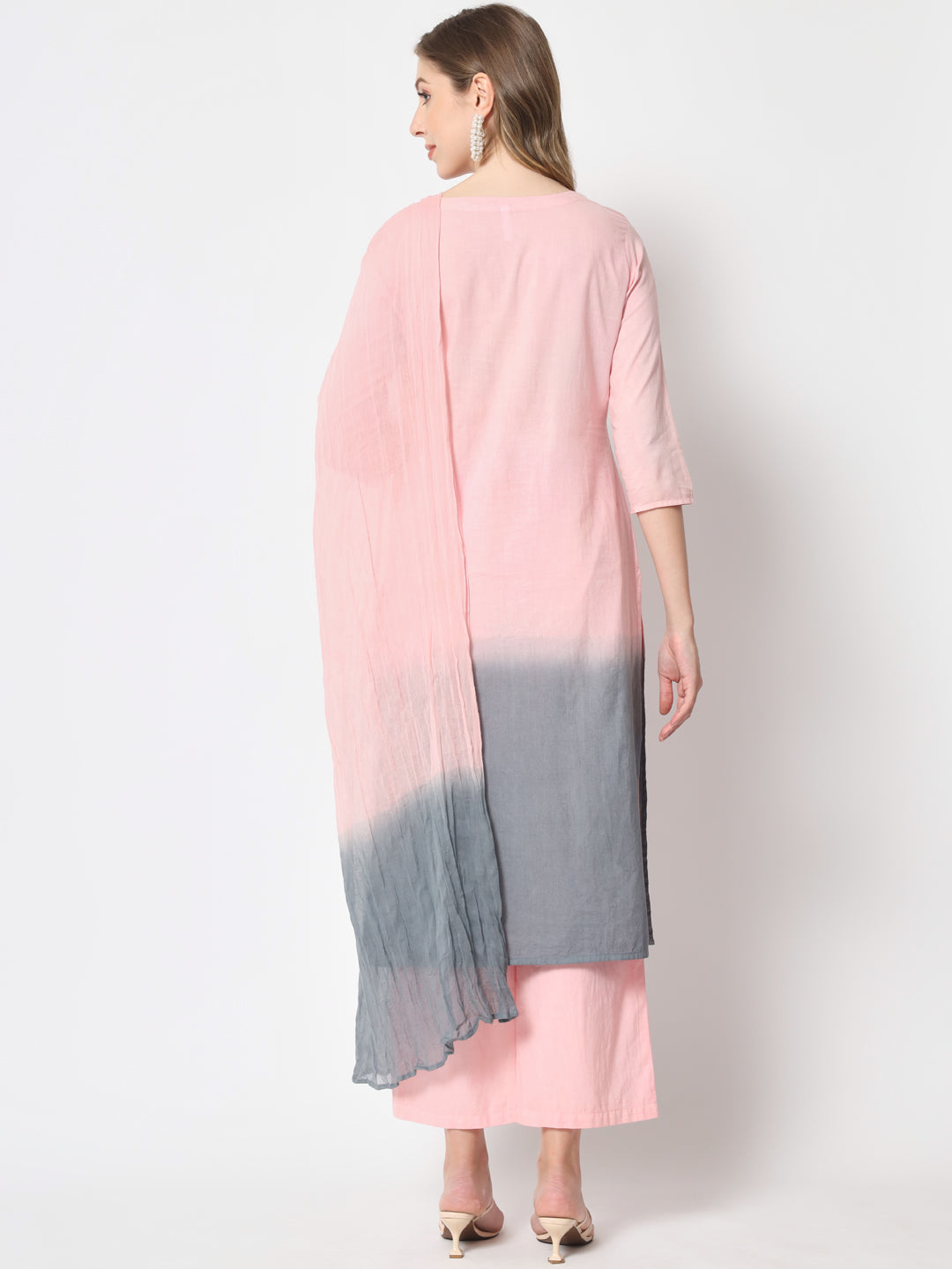 Cotton Tie And Dye Flared Kurta Palazzo Dupatta Set (Light Pink)