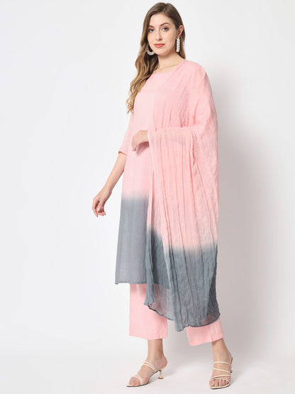 Cotton Tie And Dye Flared Kurta Palazzo Dupatta Set (Light Pink)