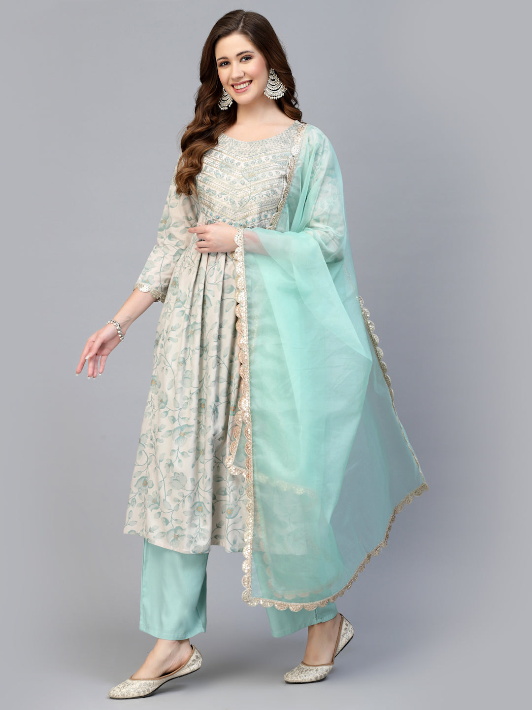 Rayon Printed Anarkali Kurta With Pants &amp; Dupatta