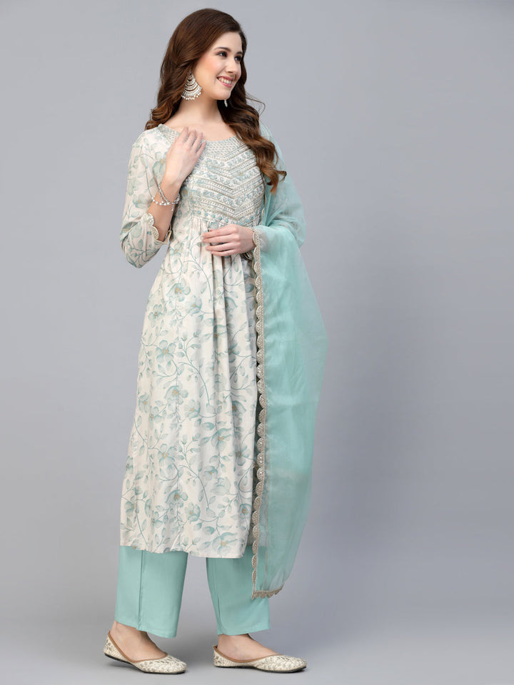 Rayon Printed Anarkali Kurta With Pants &amp; Dupatta