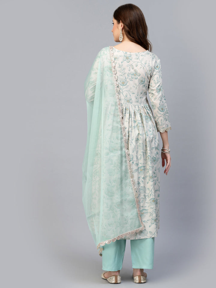 Rayon Printed Anarkali Kurta With Pants &amp; Dupatta