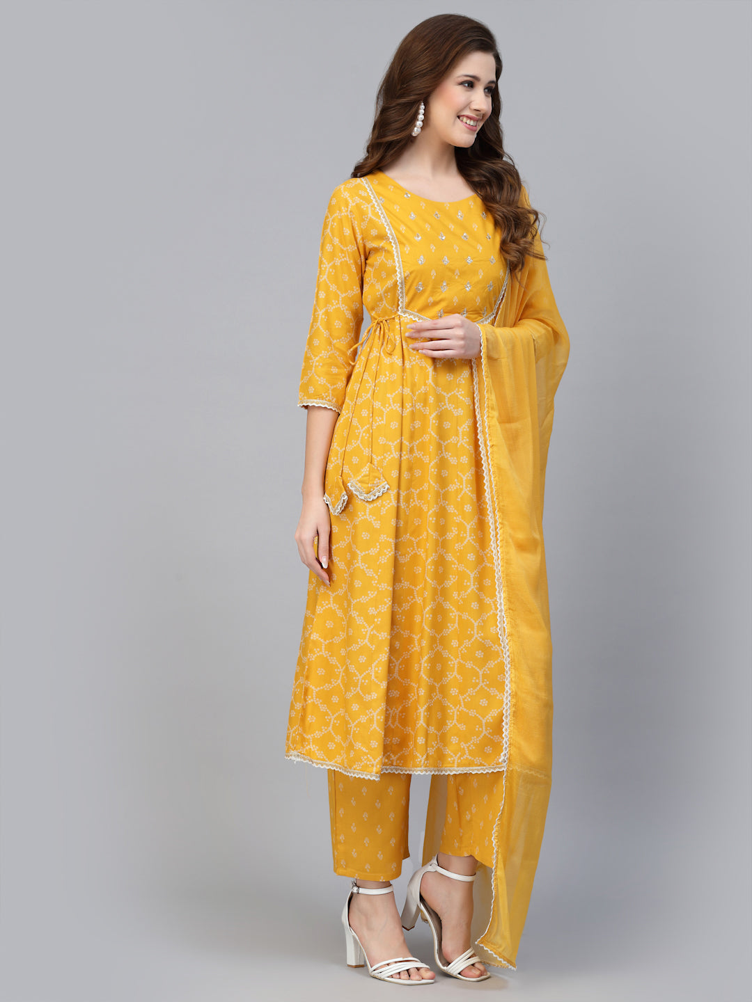 Rayon Printed Anarkali Kurta With Pants &amp; Dupatta