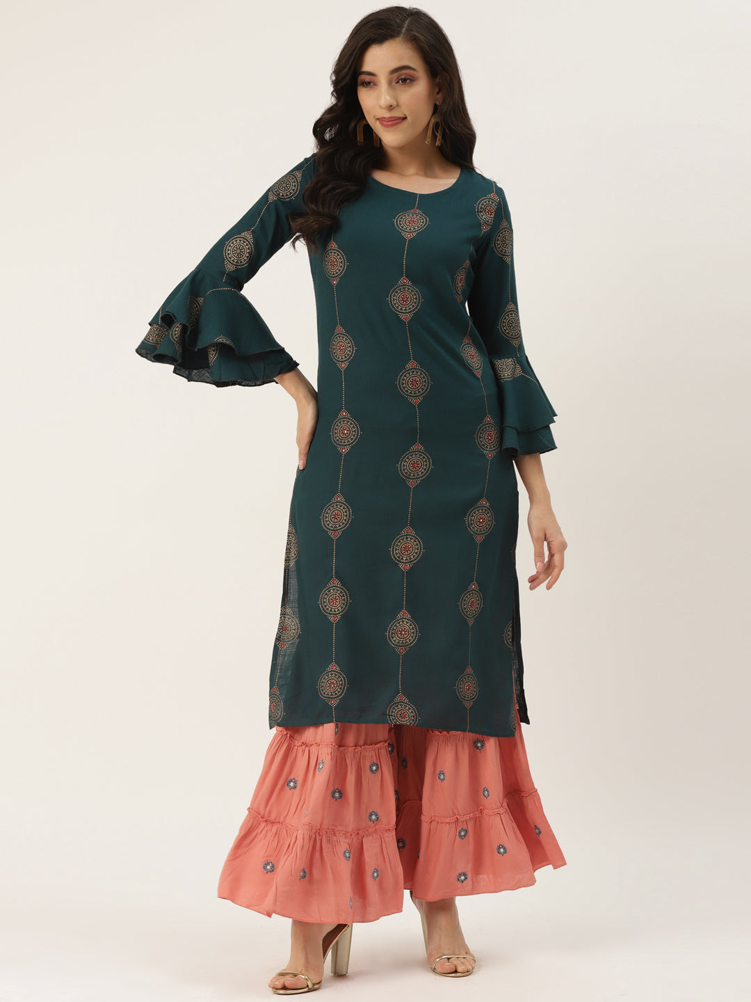 Blue Rayon Printed Kurta Sharara Set
