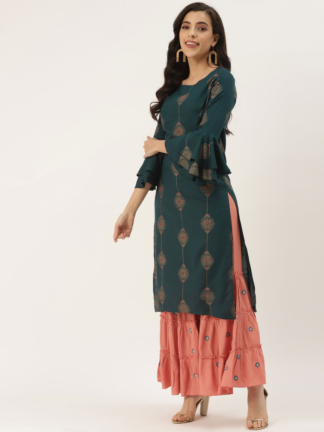 Blue Rayon Printed Kurta Sharara Set