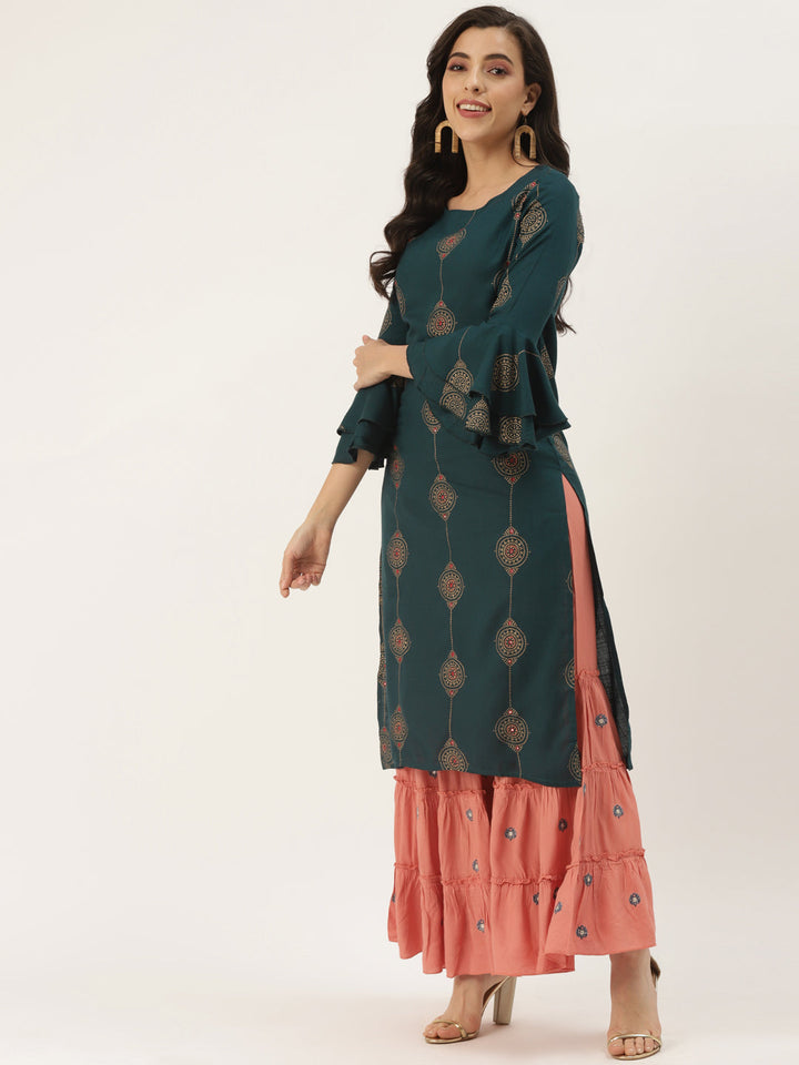 Blue Rayon Printed Kurta Sharara Set