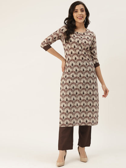 Brown Cotton Blend Printed Kurta Palazzo Set