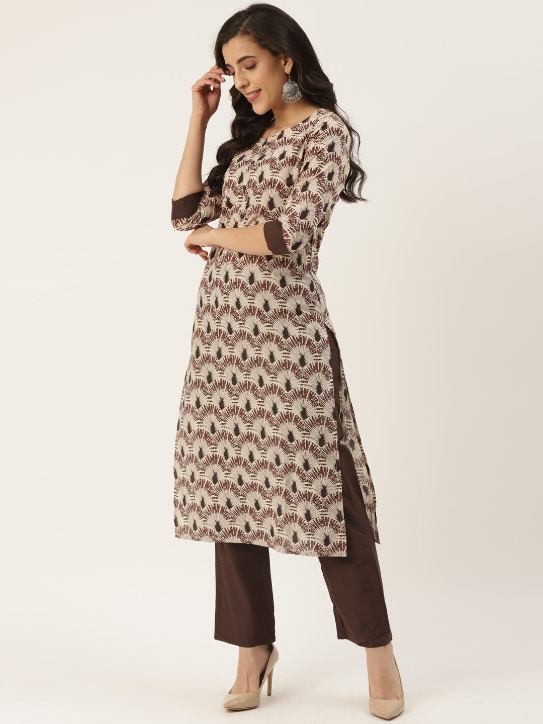 Brown Cotton Blend Printed Kurta Palazzo Set