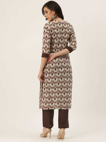 Brown Cotton Blend Printed Kurta Palazzo Set