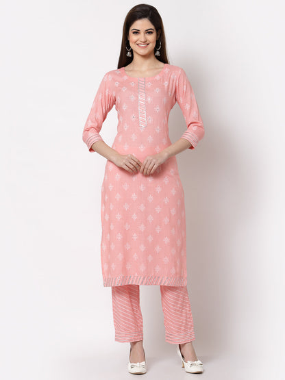 Rayon Embroidered Straight Kurta Palazzo Set (Pink)