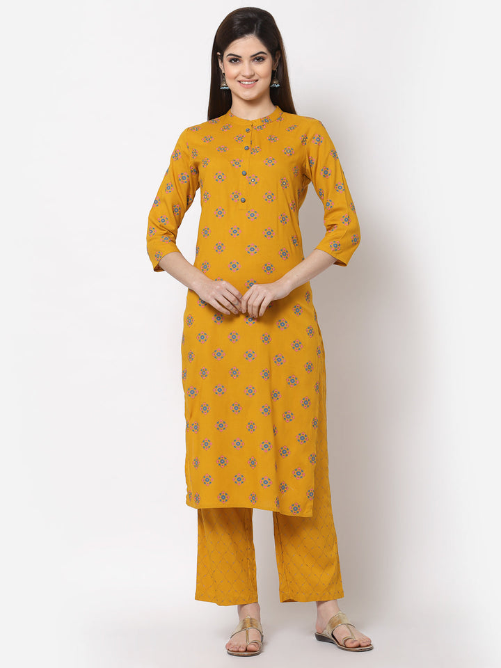 Cotton Printed Straight Kurta Palazzo Set (Yellow)