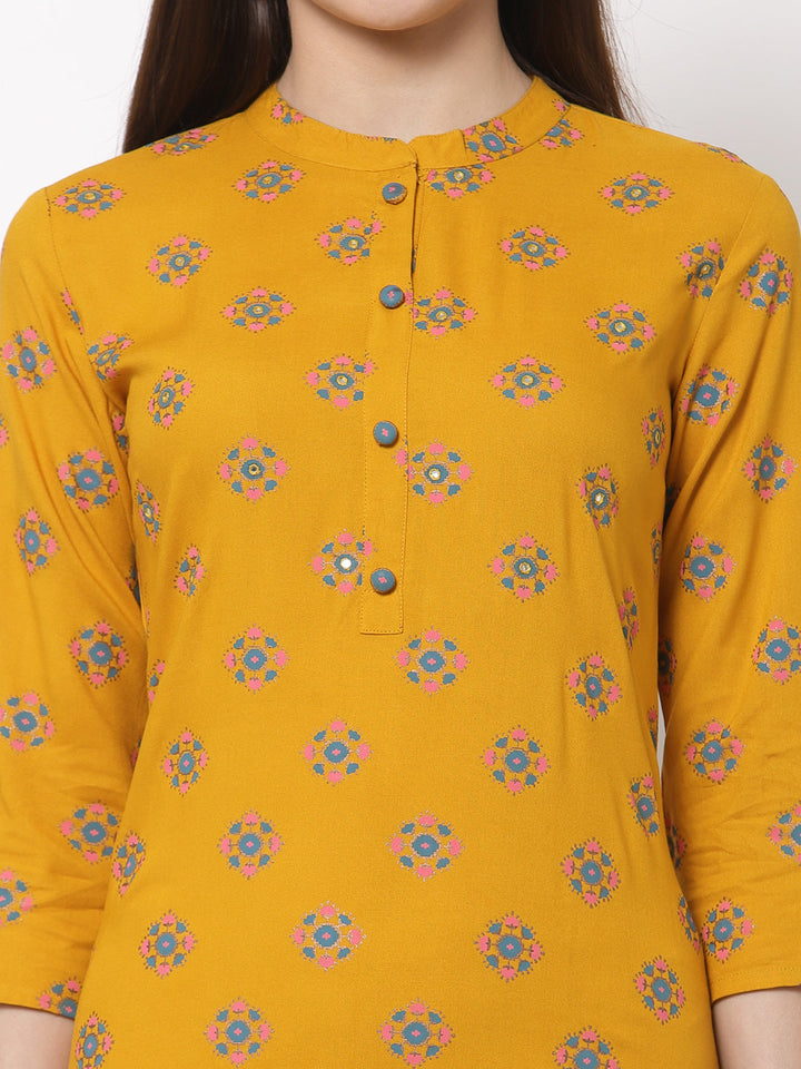 Cotton Printed Straight Kurta Palazzo Set (Yellow)