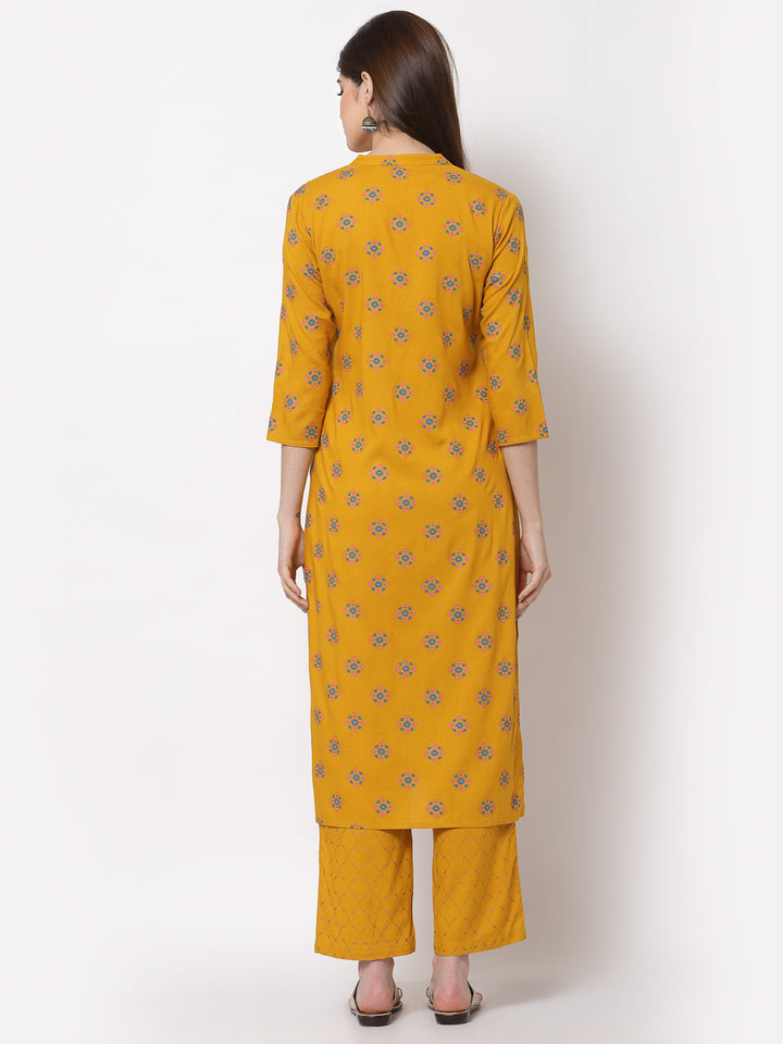 Cotton Printed Straight Kurta Palazzo Set (Yellow)